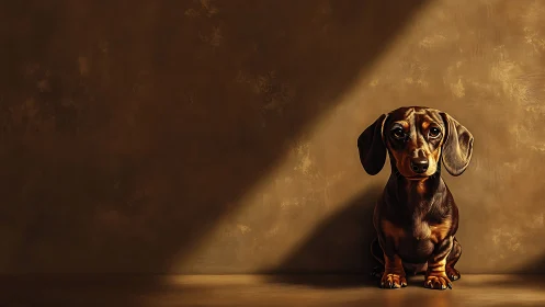Small dachshund sits in directional light against brown wall