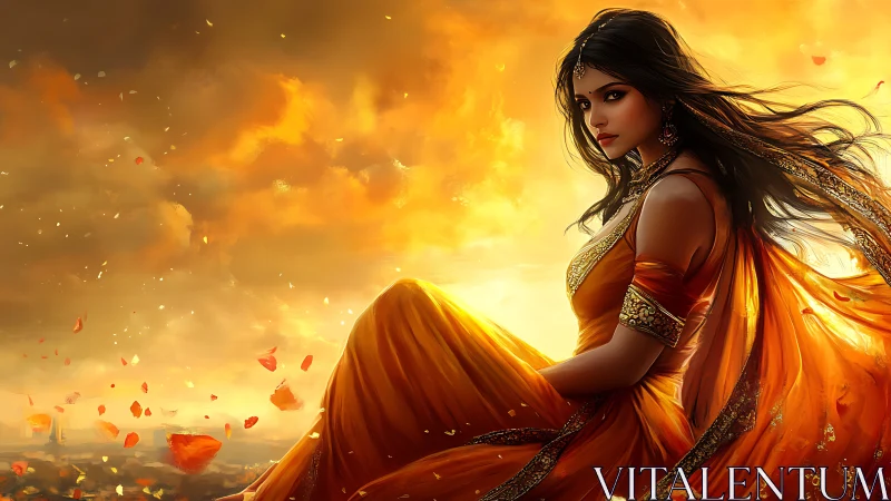 Golden sunset surrounds a serene woman in flowing orange silk
