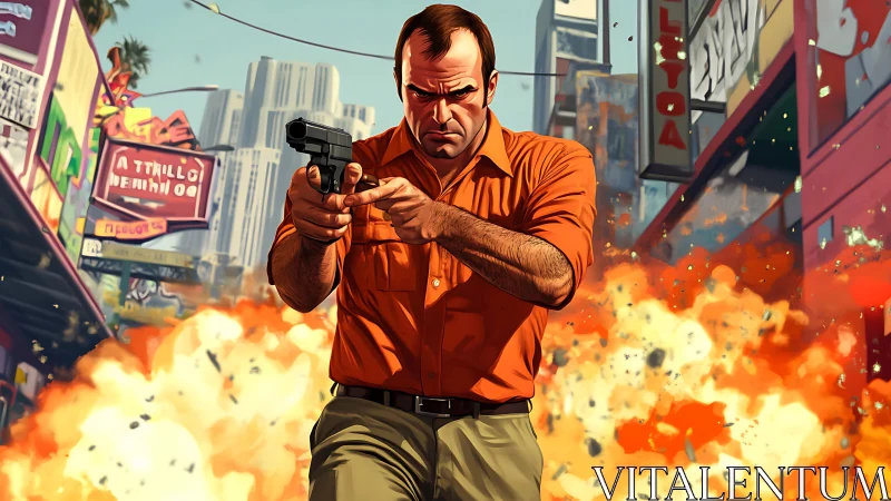 Armed male figure in orange shirt amid urban explosion scene.
