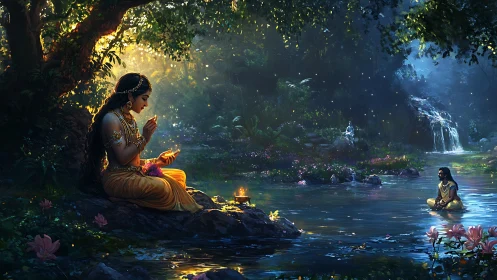 Divine lovers rest beside a moonlit forest river in silence.