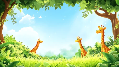 Playful giraffe family in sunlit cartoon jungle meadow.