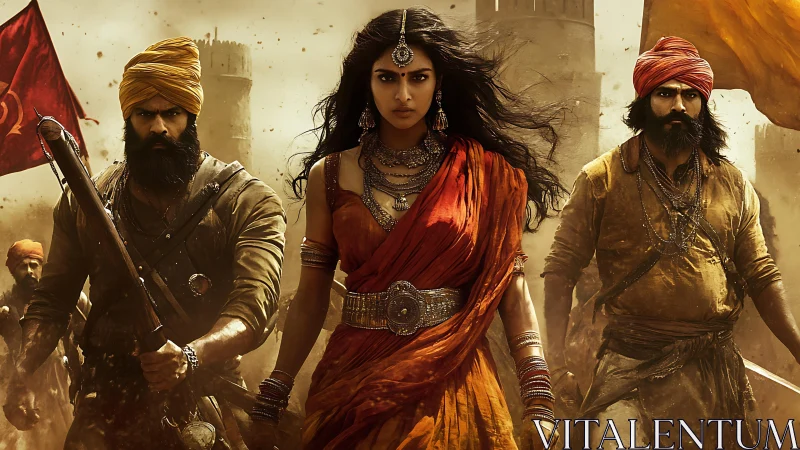 Historical battle tableau with three armed figures in focus.