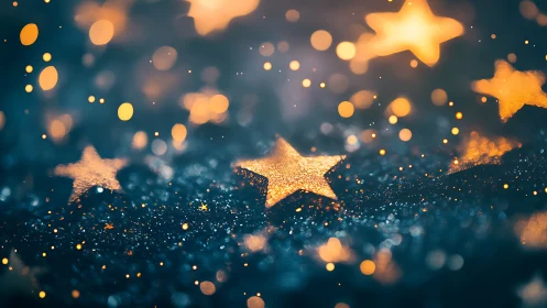 Glowing golden stars rest on glittered surface in bokeh light