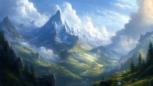 Epic alpine valley under towering snowcapped peak.