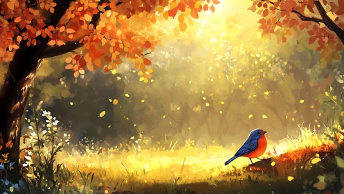 Gentle autumn forest glow with a bright blue and orange bird.
