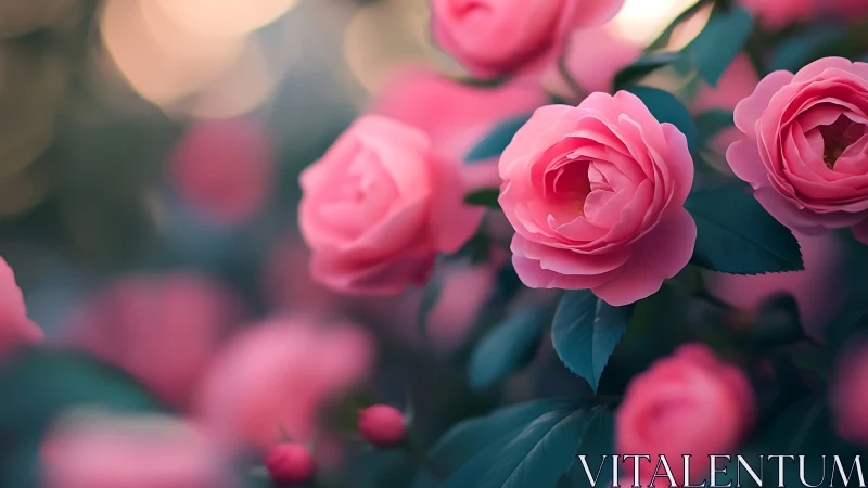 Pink Roses in Soft Focus: Layered Blooms with Teal Foliage.