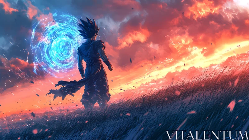 Celestial warrior before swirling blue portal at burning horizon