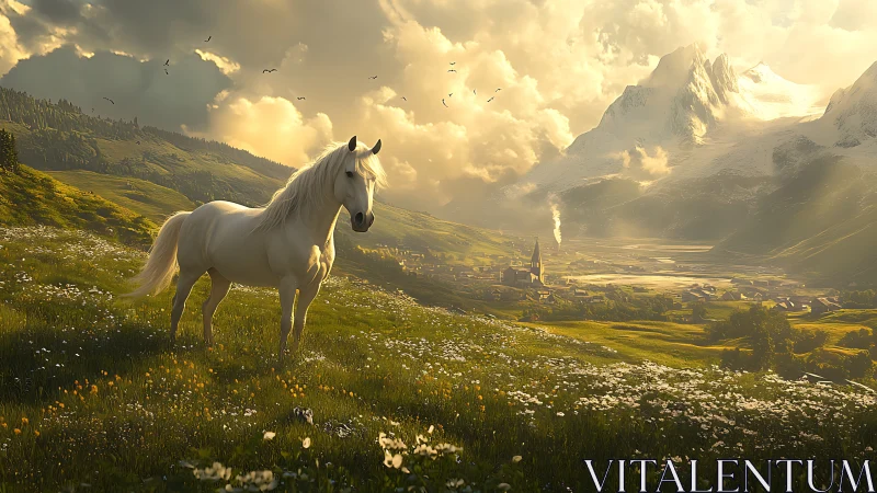 White horse in alpine valley landscape under warm light.