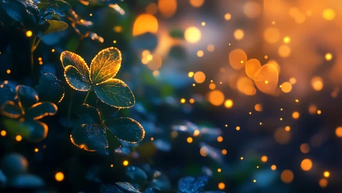 Glowing clover leaves illuminated by warm bokeh sparks