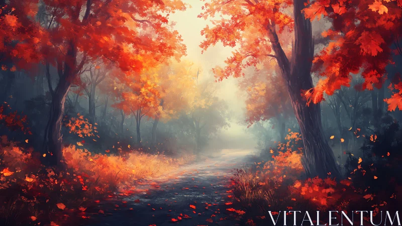 Autumn Forest Path Illuminated by Golden Falling Leaves