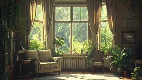 Sunlit living room with large window and indoor plants.