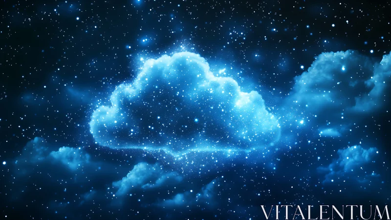 Glowing blue cloud shape formed from stars in deep space.