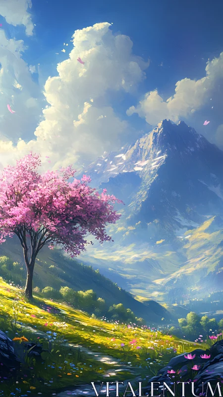 Digital landscape depicts flowering tree before distant mountain