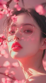 Woman with round glasses framed by pink blossoms in light.