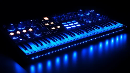 Neon-lit MIDI keyboard controller in cinematic blue glow.