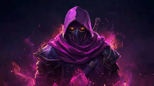 Hooded armored figure with glowing eyes in purple flames.