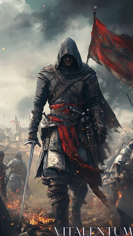 Hooded medieval warrior in armor on smoky battlefield scene.