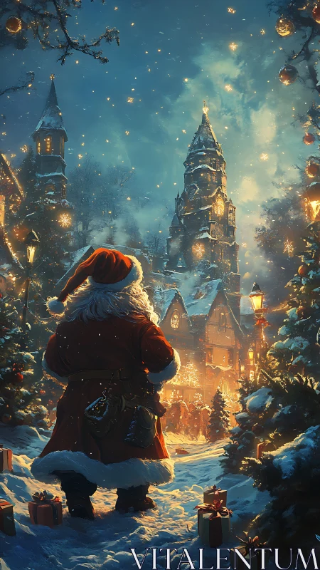 Santa wanders through a glowing winter village of wishes.