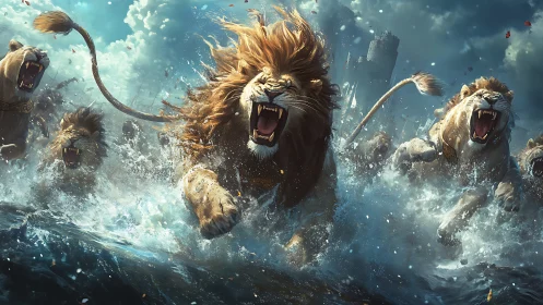 Majestic Lions Charge Through Crashing Waves and Mist