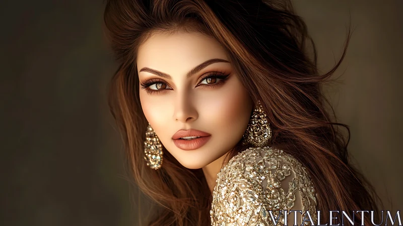 Golden gaze meets softly lit glamour in warm studio calm