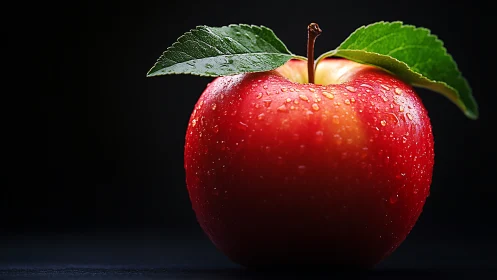 Red apple with water droplets under strong side lighting