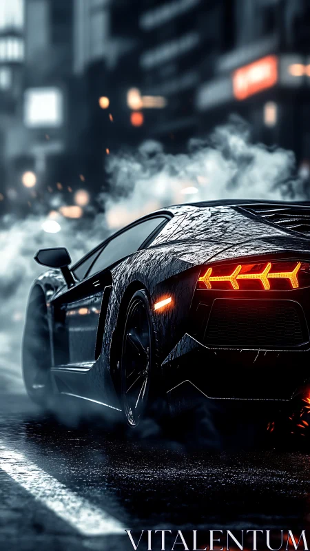 Midnight supercar cruises through rain-soaked city streets.