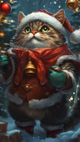 Christmas cat in Santa outfit stands under snowy tree