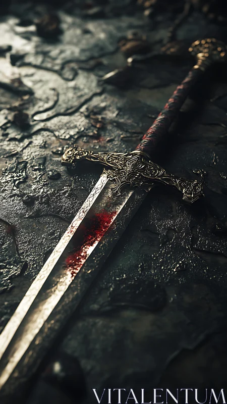 Bloodstained ornate sword resting on wet stone floor.