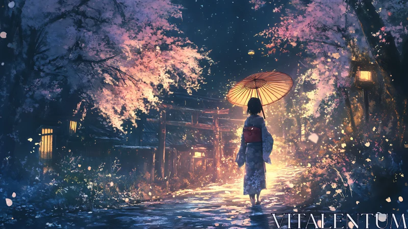 Solitary figure walks under umbrella through lit spring path