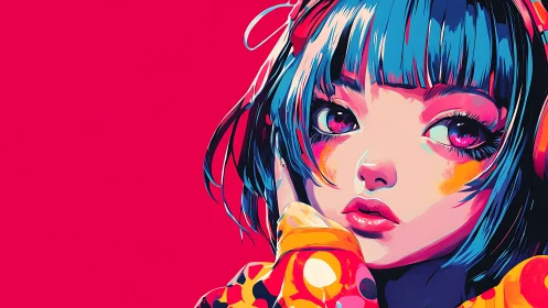 Bold neon girl gazes softly in vivid pop art color glow