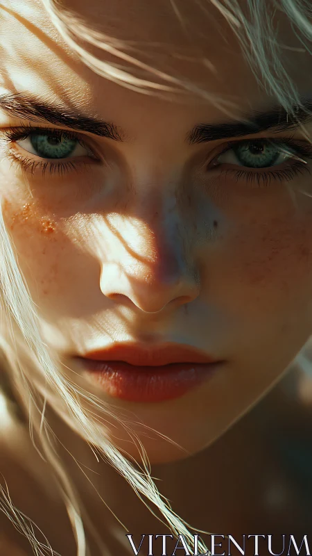 Intense teal gaze in sunlit close-up digital portrait.