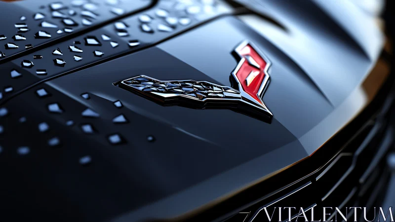 Close-up shows wet black sports car hood with chrome emblem