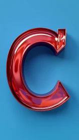 Red metallic letter C form on plain blue background.
