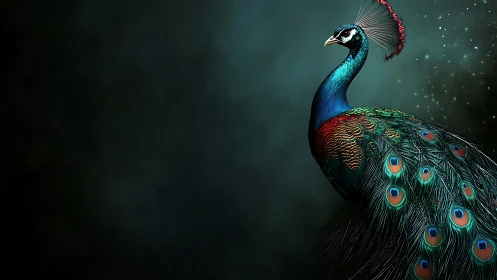Peacock profile rendered against dark abstract background.