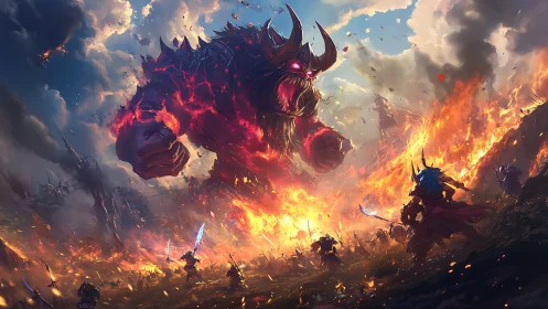 Giant fiery demon confronting armored warriors in battle.