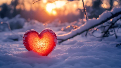 Glowing Heart in Winter Snow at Sunrise.