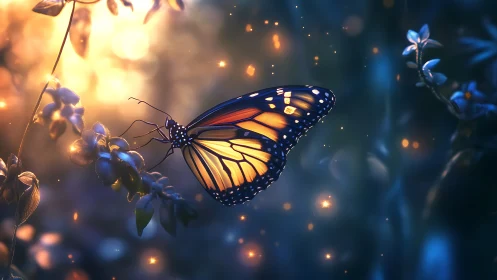 Monarch butterfly hovers in glowing blue forest dusk light
