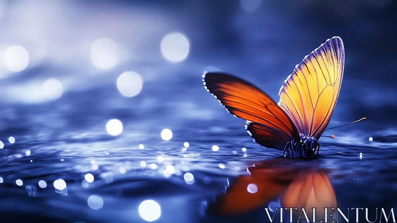 Digital painting of luminous butterfly over reflective water surface.