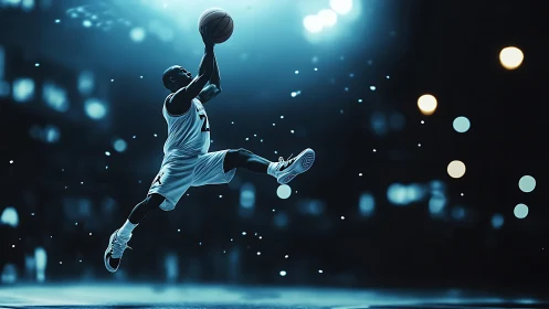 Basketball guard soars midair under neon arena lights.