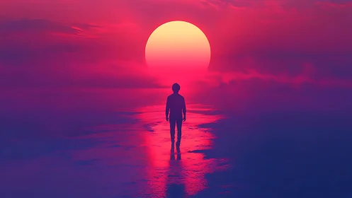 Neon wanderer crossing a glowing horizon of molten dusk.