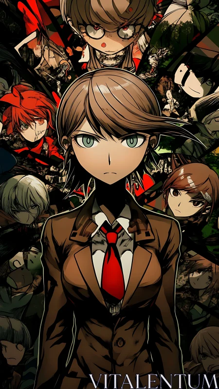 Central anime student amid fractured character collage composition