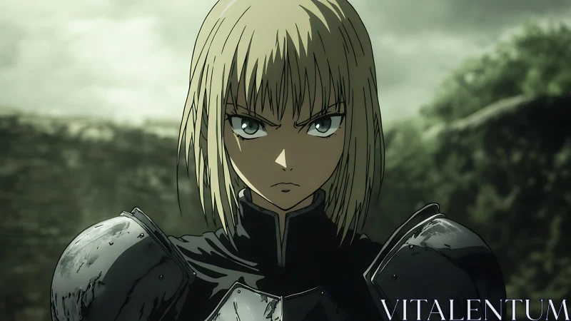 Armored blonde warrior stares forward with intense resolve