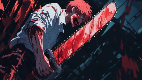 Blood-covered character holds large chainsaw in dark space
