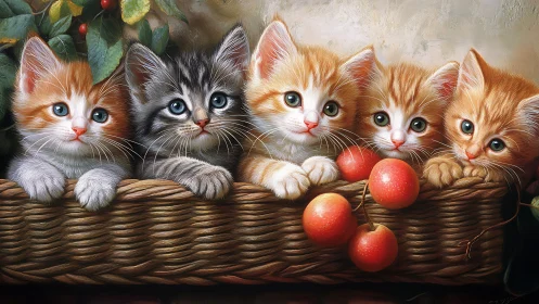 Five Adorable Kittens in a Basket with Fresh Apples.