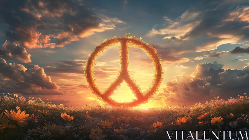 Floral peace symbol glows against radiant sunset sky.
