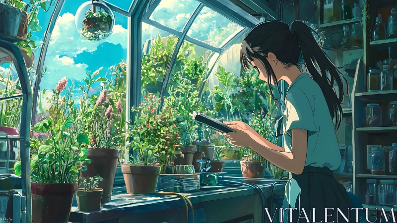 Sunlit greenhouse study with girl reading quietly at bench.