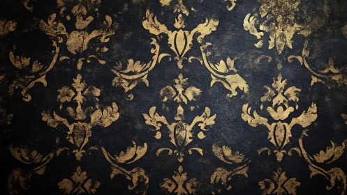 Gilded baroque damask on deep midnight textured wall.