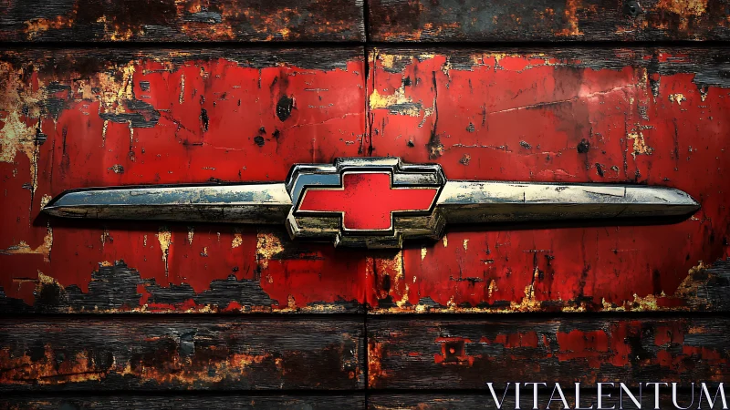 Weathered red vehicle emblem on distressed metal surface.