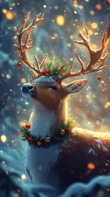 Festive reindeer portrait with wreath and snowlit antlers