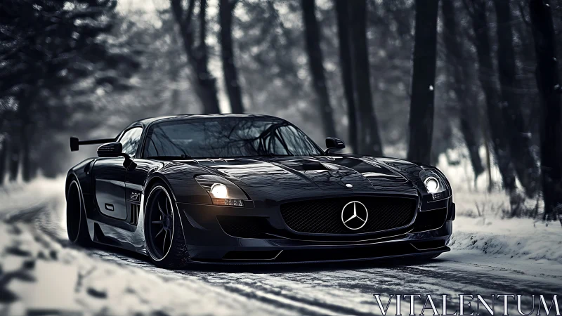 Photorealistic black supercar on snowy forest road at dusk.